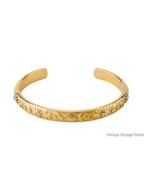 Dtja Embossed Moon Star Sun Cuff Bracelet Women Stainless Steel Gold Finish CZ